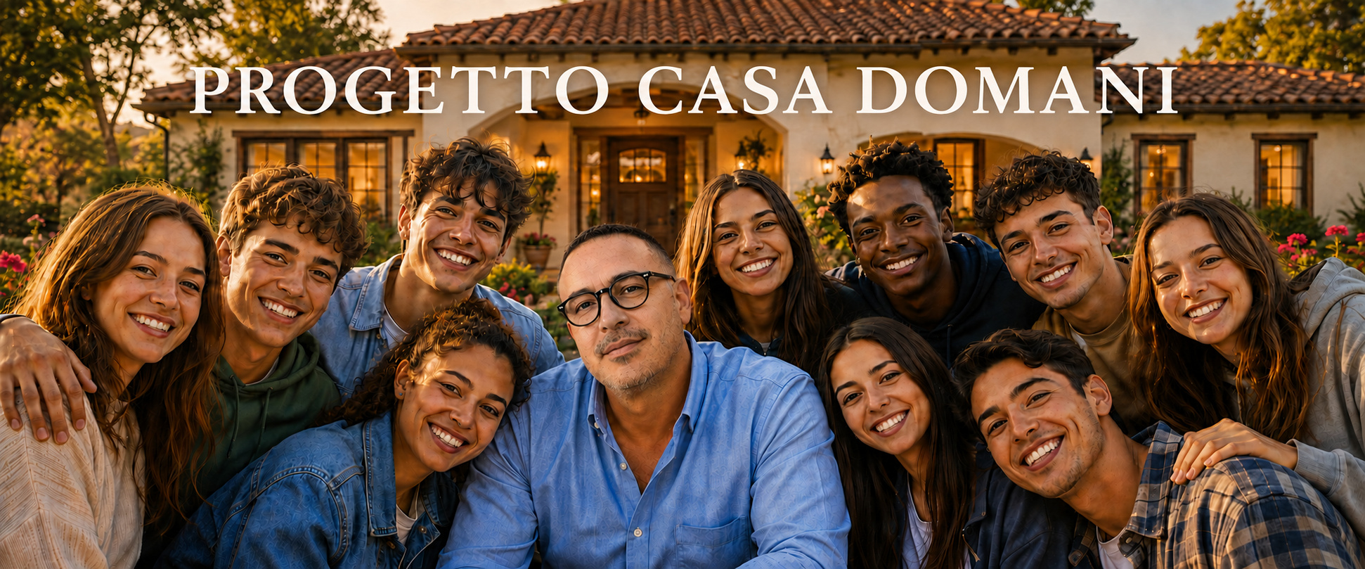 Riccardo Rosati insieme a un gruppo di giovani davanti alla casa del Progetto Casa Domani